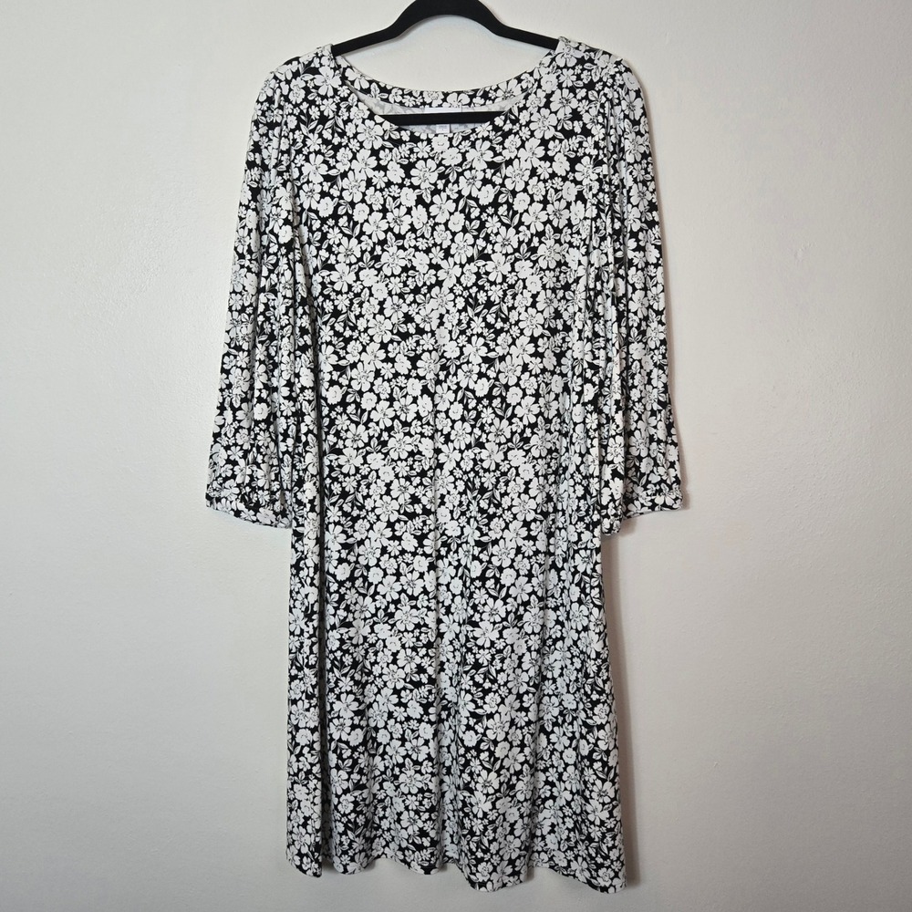 J. Jill Womens Large Black White Floral 3/4 Sleeve Knit Shift Dress KDR265221